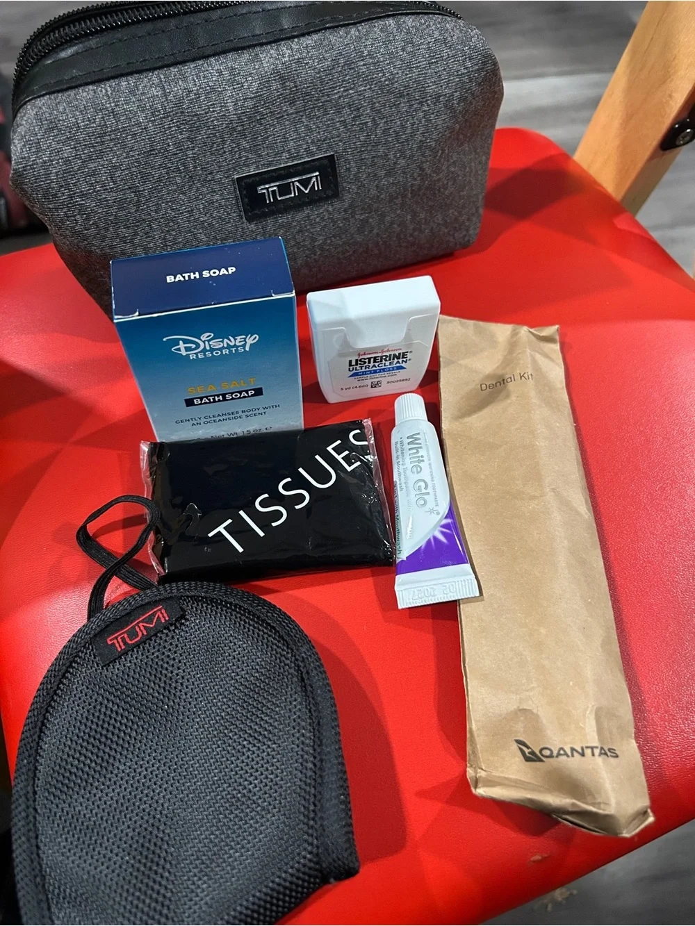 Tumi Gray Textured travel Toiletry Dopp Kit contents sealed